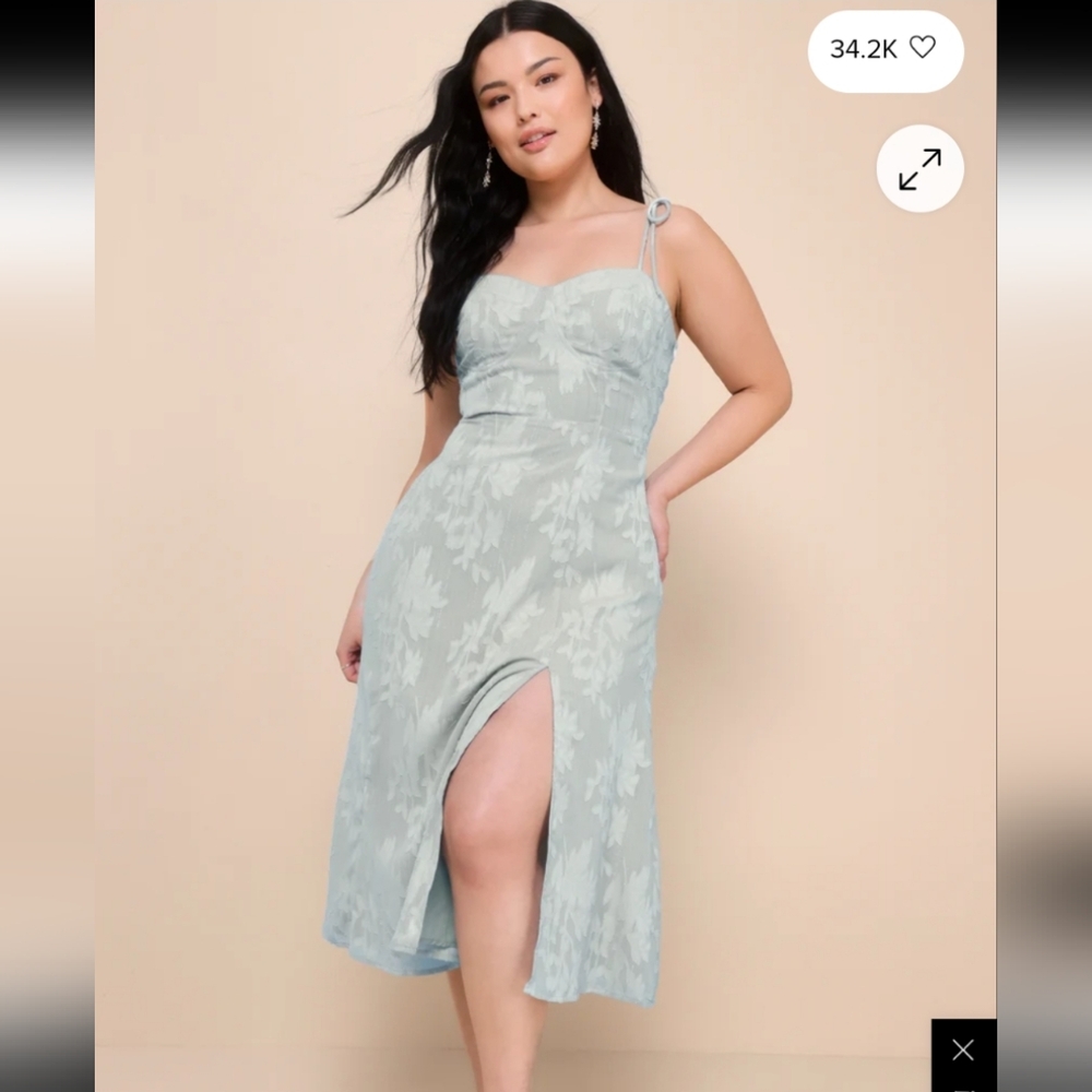Lulu's Loveliest Looks Dusty Blue Floral Jacquard Tie-Strap Midi Dress